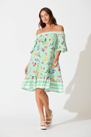 Dress in Green with Multi Fruit Print