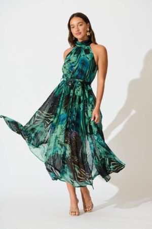 Halter Neck Maxi Dress in Green Multi Chiffon