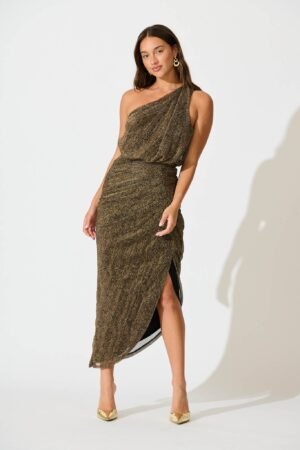 One Shoulder Maxi Dress in Black with Gold Lurex