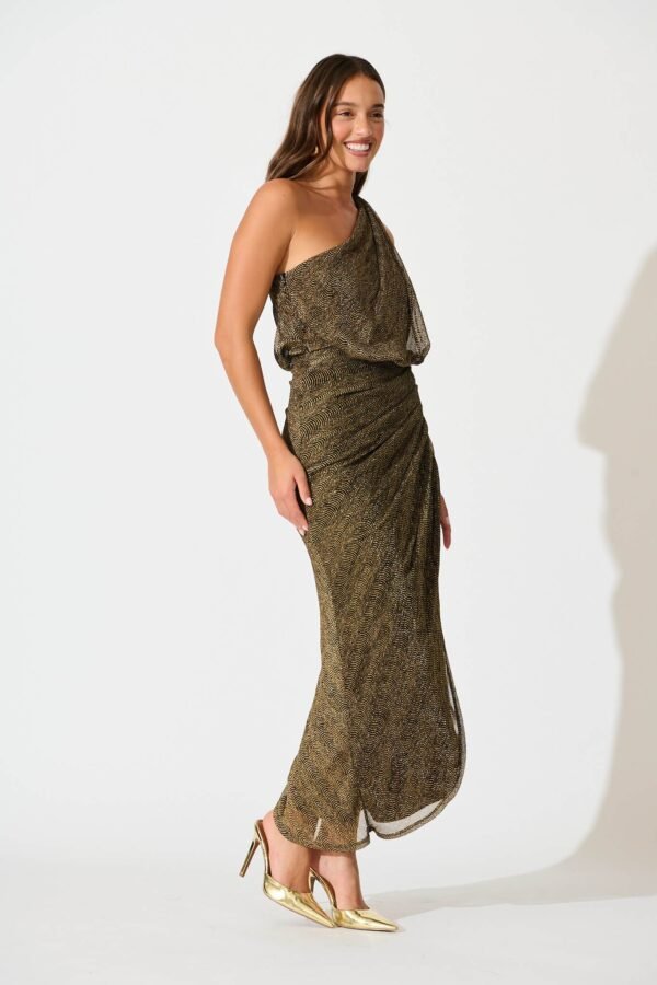 One Shoulder Maxi Dress in Black with Gold Lurex