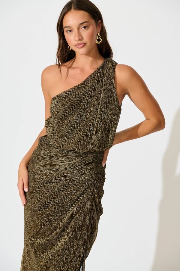 One Shoulder Maxi Dress in Black with Gold Lurex