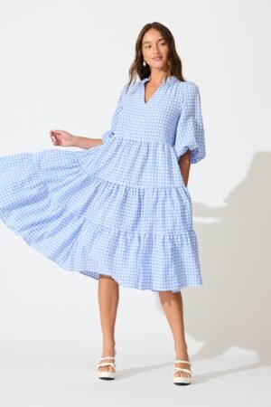 Dress In Cornflower Blue Gingham Cotton