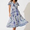 Midi Dress in White and Blue Print