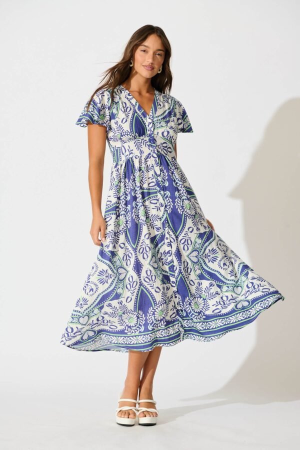 Midi Dress in White and Blue Print