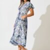 Midi Dress in White and Blue Print