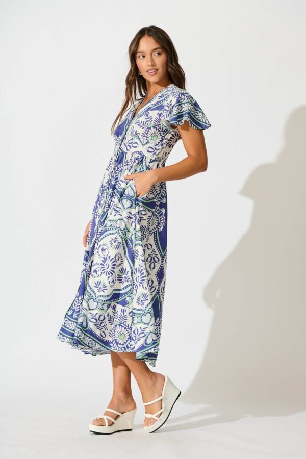 Midi Dress in White and Blue Print