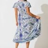 Midi Dress in White and Blue Print