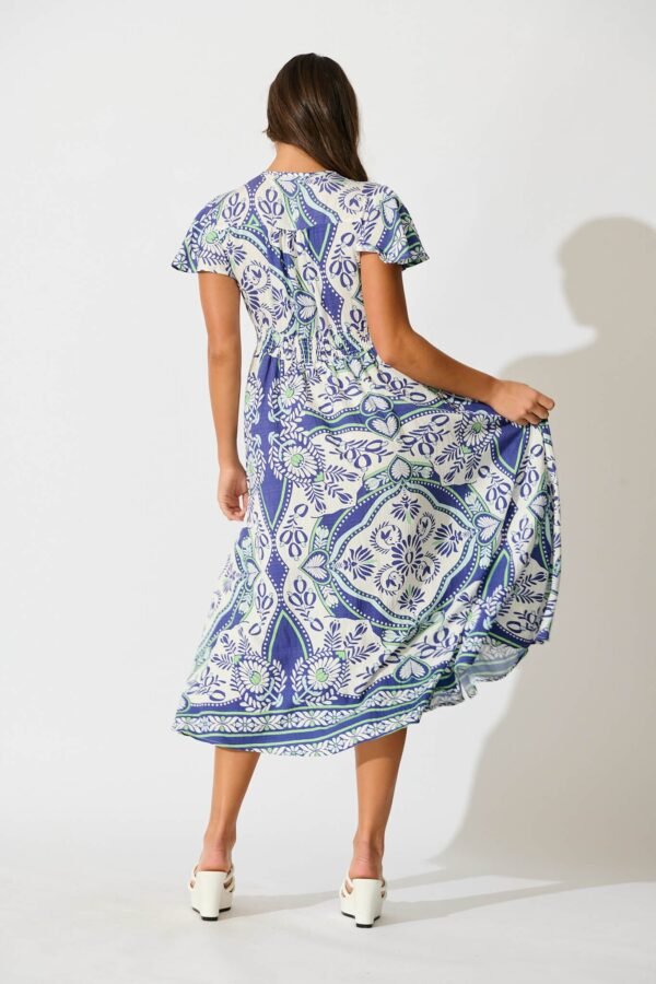 Midi Dress in White and Blue Print