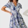 Midi Dress in White and Blue Print