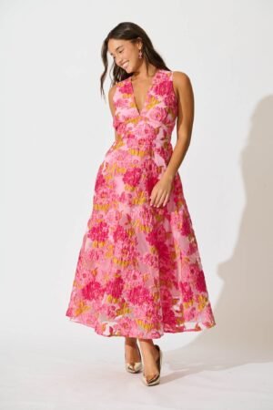 Maxi Dress In Pink Floral Organza Jacquard