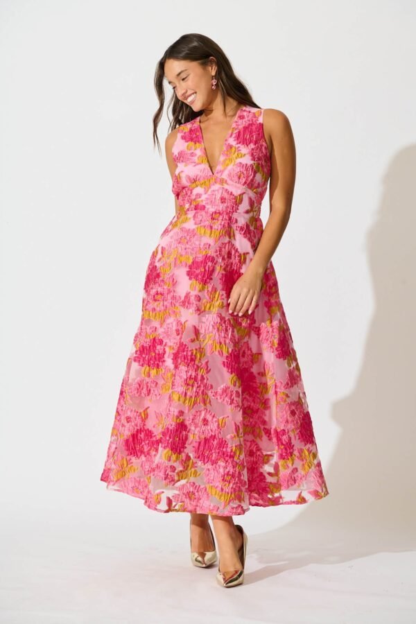 Maxi Dress In Pink Floral Organza Jacquard