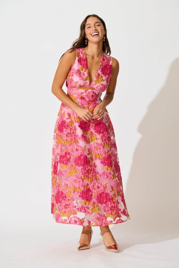 Maxi Dress In Pink Floral Organza Jacquard
