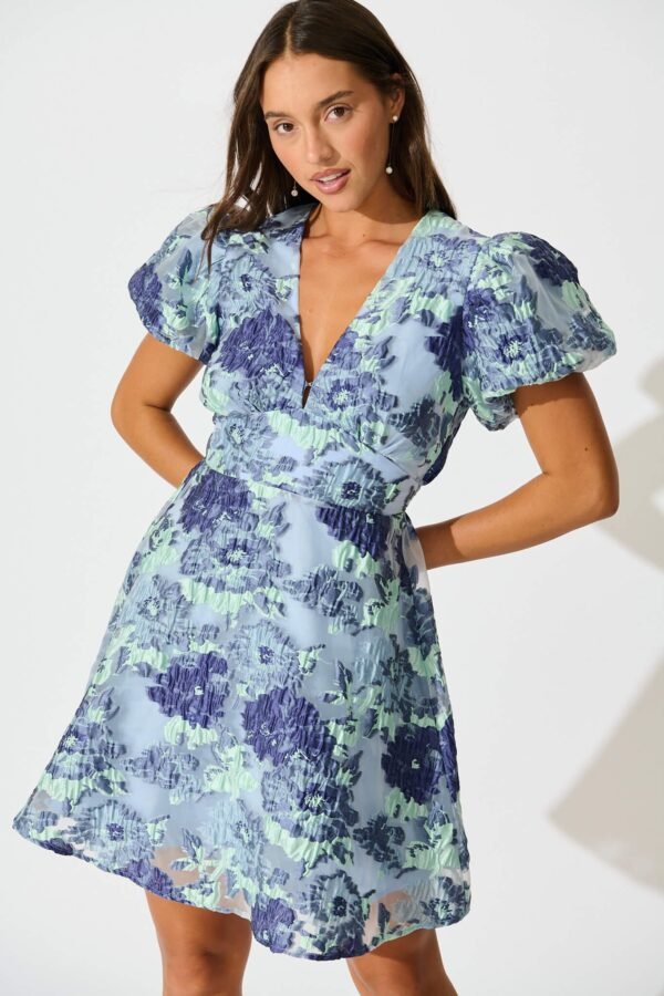Dress in Blue Floral Organza Jacquard
