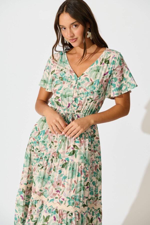 Midi Dress In White With Teal Floral