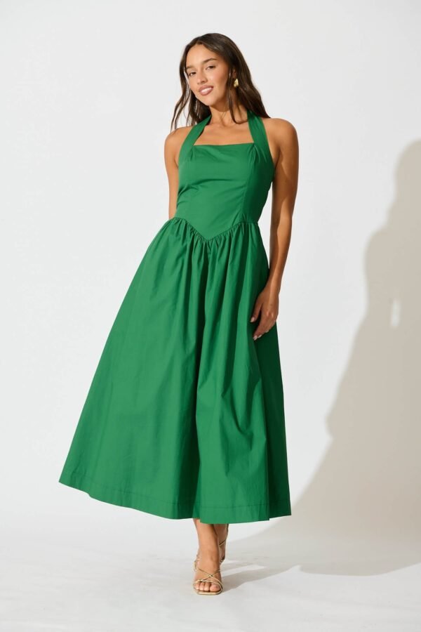 241121_StFrock_Milly_PM_K2432-GRN_0203.jpg Halter Neck Maxi Dress in Green Cotton