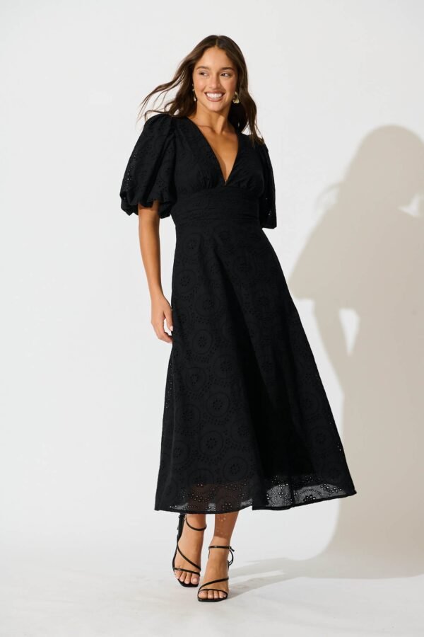 Maxi Dress In Black Broderie Cotton