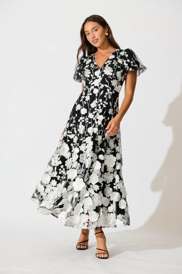 Maxi Dress in Black and White Embroidered Tulle