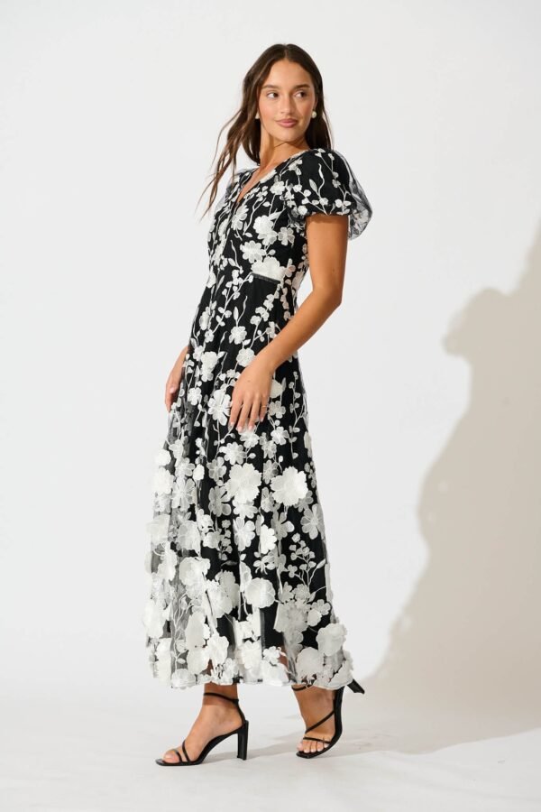 Maxi Dress in Black and White Embroidered Tulle