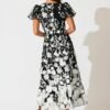Maxi Dress in Black and White Embroidered Tulle