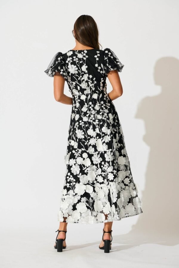 Maxi Dress in Black and White Embroidered Tulle