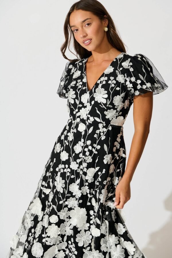Maxi Dress in Black and White Embroidered Tulle