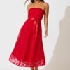 Midi Dress in Red Floral Embroidered Tulle