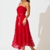 Midi Dress in Red Floral Embroidered Tulle