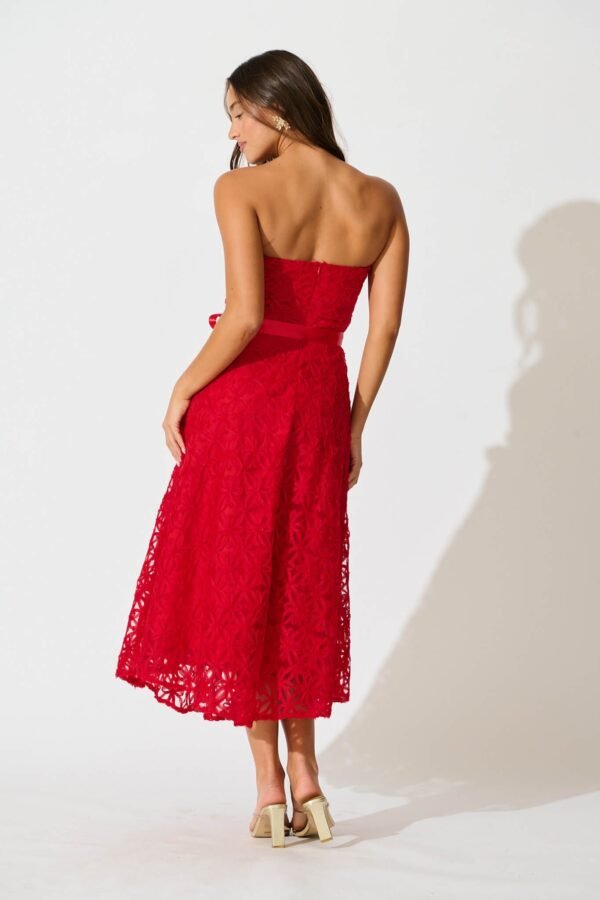 Midi Dress in Red Floral Embroidered Tulle