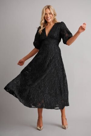 Midi Dress In Black Floral Organza Jacquard