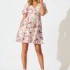 Dress in White With Pink Multi Watercolour Floral
