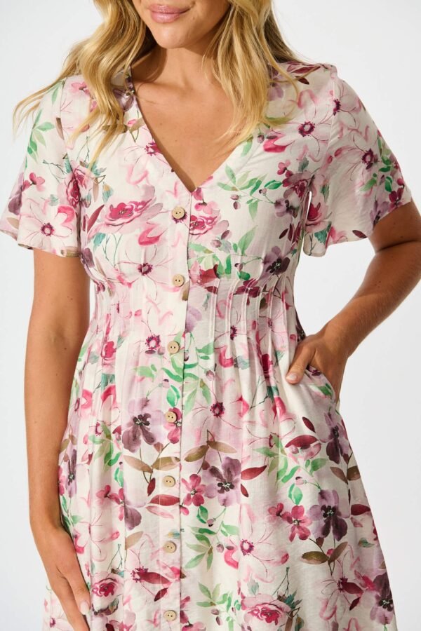 Dress in White With Pink Multi Watercolour Floral