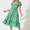 Midi Dress in Green with White Print