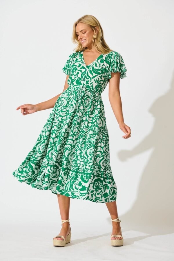 Midi Dress in Green with White Print