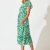 Midi Dress in Green with White Print