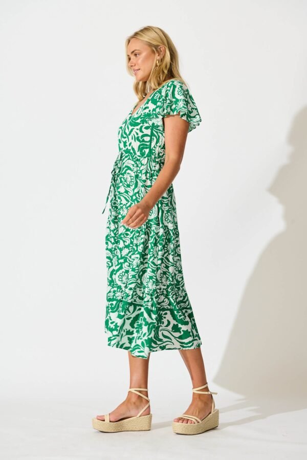Midi Dress in Green with White Print