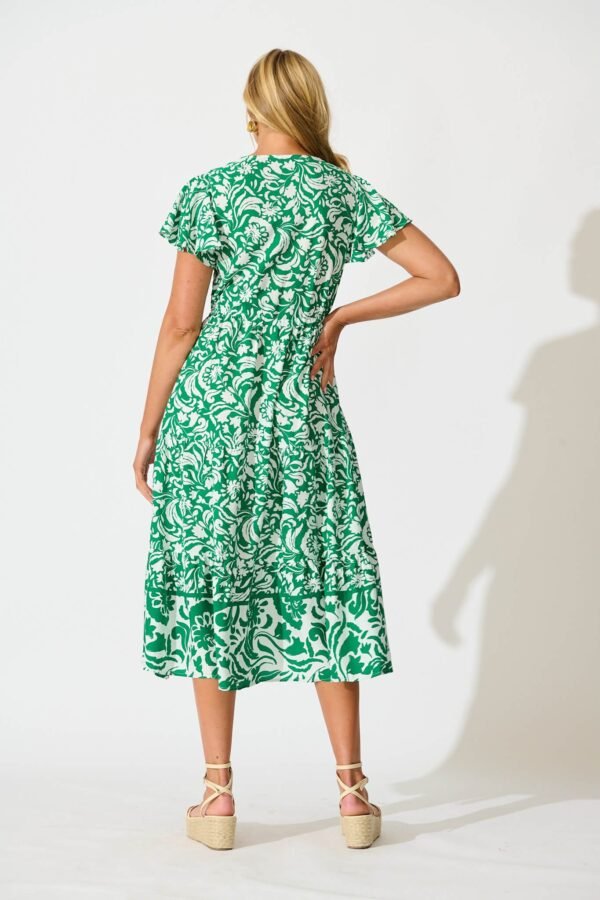Midi Dress in Green with White Print