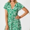 Midi Dress in Green with White Print