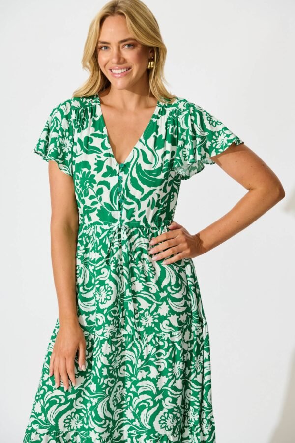Midi Dress in Green with White Print