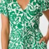 Midi Dress in Green with White Print