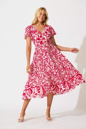 Midi Dress in Raspberry with White Print