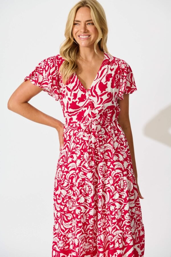 241126_StFrock_Phoebe_C24117452-RED-WHT_1077.jpg Midi Dress in Raspberry with White Print