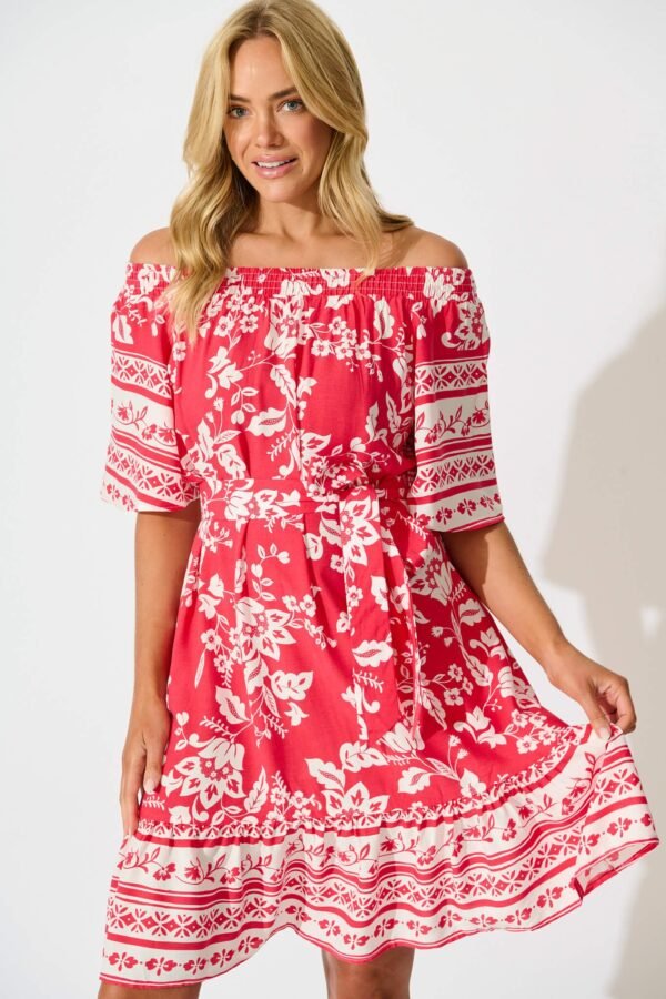 241126_StFrock_Phoebe_C24185569-RED-WHT_1021.jpg Dress in Raspberry with White Border Print