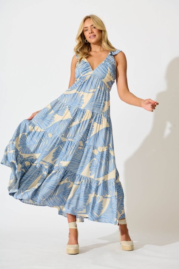 Maxi Sundress In Cream with Blue Leaf