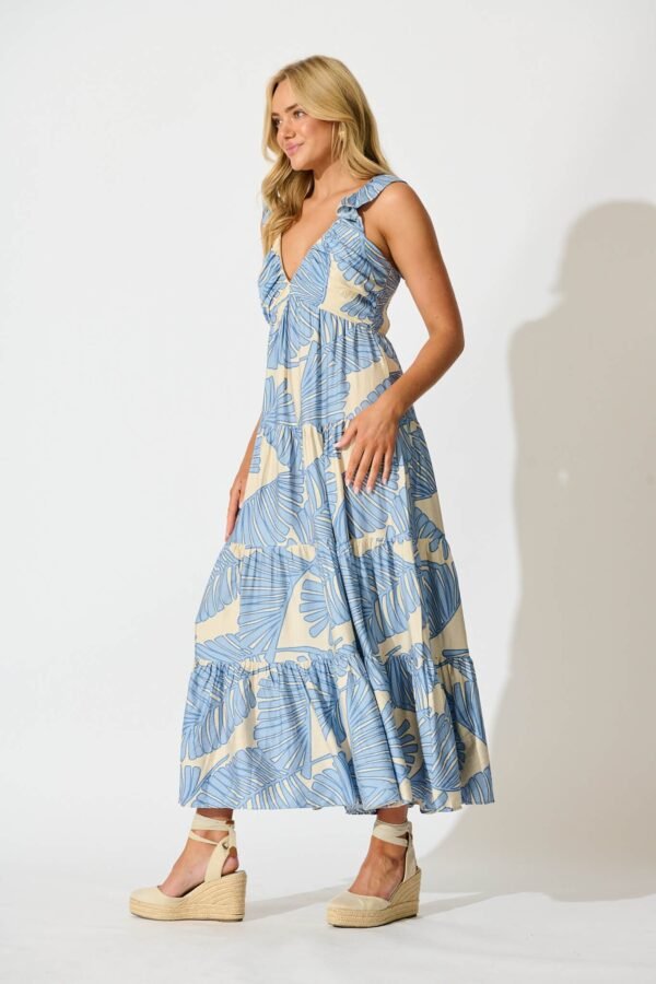 Maxi Sundress In Cream with Blue Leaf