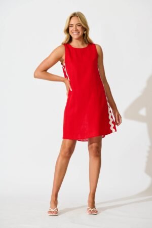 241126_StFrock_Phoebe_LOL70276-RED_0670.jpg Dress in Red With White Ric Rac Trim Linen Blend