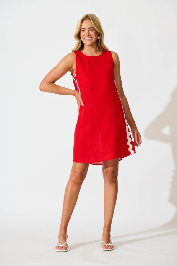 Dress in Red With White Ric Rac Trim Linen Blend