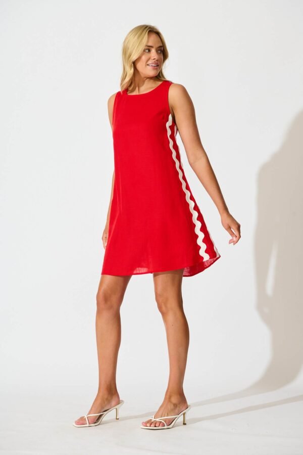 Dress in Red With White Ric Rac Trim Linen Blend