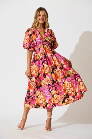 Midi Dress In Multi Floral