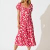 Midi Dress In Pink Leaf