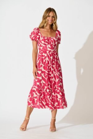 Midi Dress In Pink Leaf